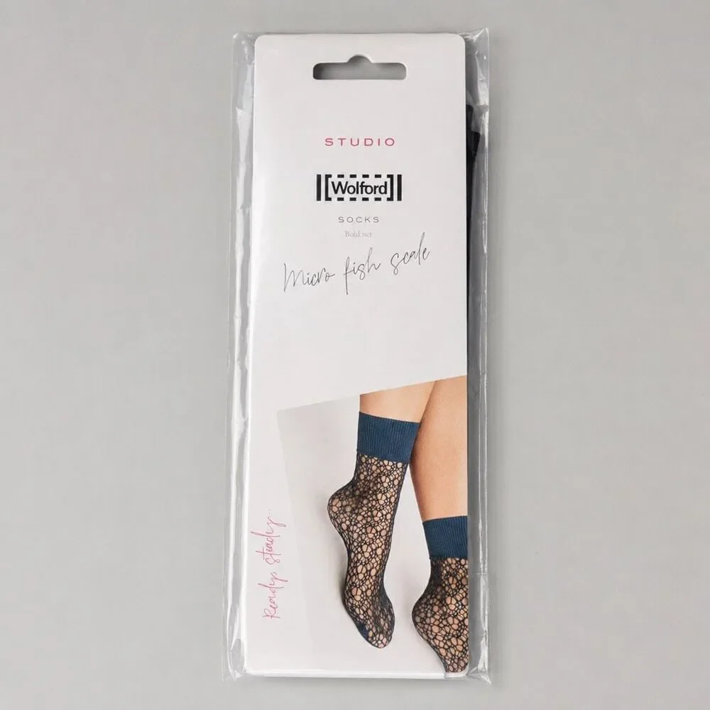 NWT Wolford Studio Micro Fish Scale Socks Black One Size Bold Net Italy